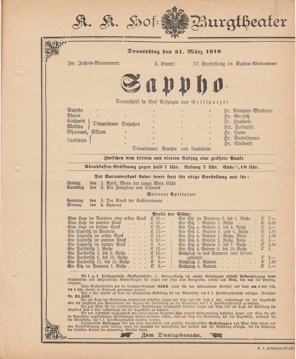 Theaterzettel Grillparzer SAPPHO k. k. Hof = Burgtheater Wien 1910