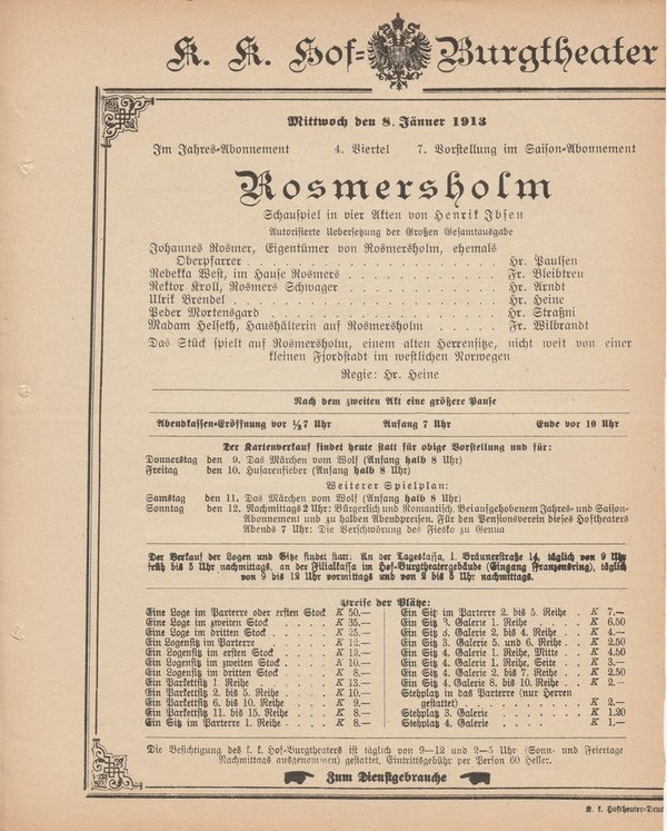 Theaterzettel Henrik Ibsen ROSMERSHOLM k. k. Hof = Burgtheater Wien 1913