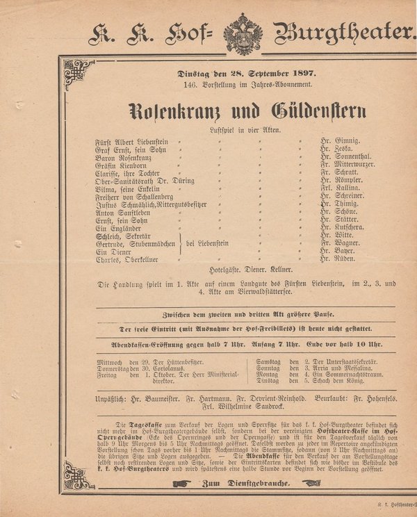 Theaterzettel Gustav Bondi ROSENKRANZ UND GÜLDENSTERN Burgtheater Wien 1897