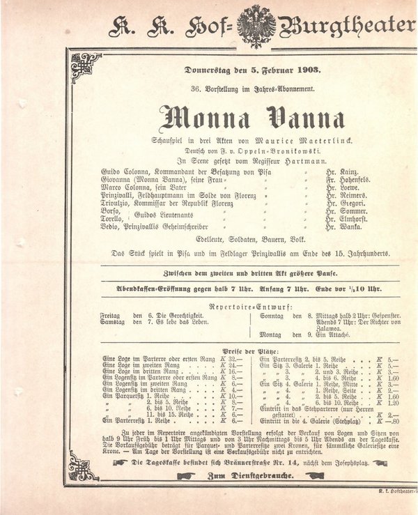 Theaterzettel Maurice Maeterlinck MONNA VANNA k. k. Hof = Burgtheater Wien 1903