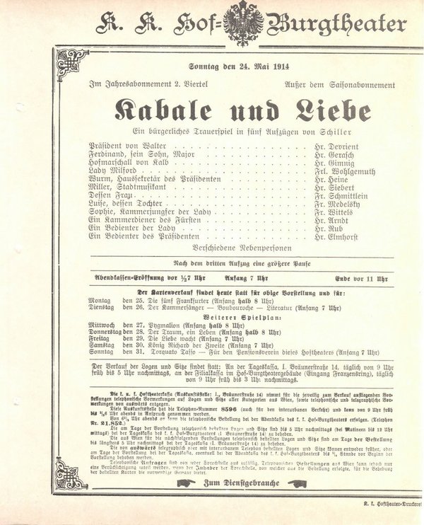 Theaterzettel Schiller KABALE UND LIEBE k. k. Hof = Burgtheater Wien 1914