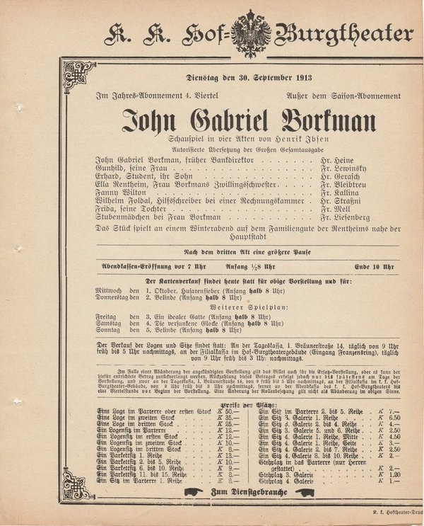 Theaterzettel Henrik Ibsen JOHN GABRIEL BORKMAN Hof = Burgtheater Wien 1913