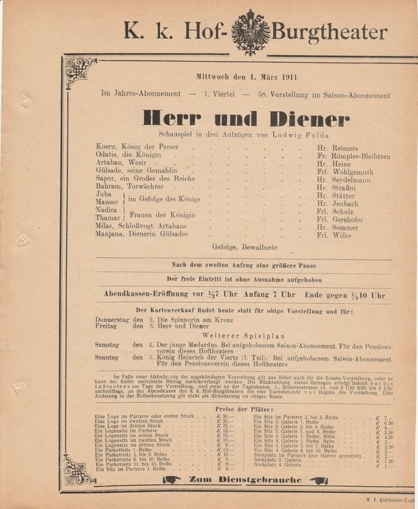 Theaterzettel Ludwig Fulda HERR UND DIENER k. k. Hof = Burgtheater Wien 1911