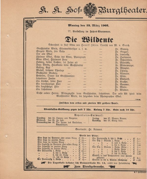Theaterzettel Henrik Ibsen DIE WILDENTE k. k. Hof = Burgtheater Wien 1903
