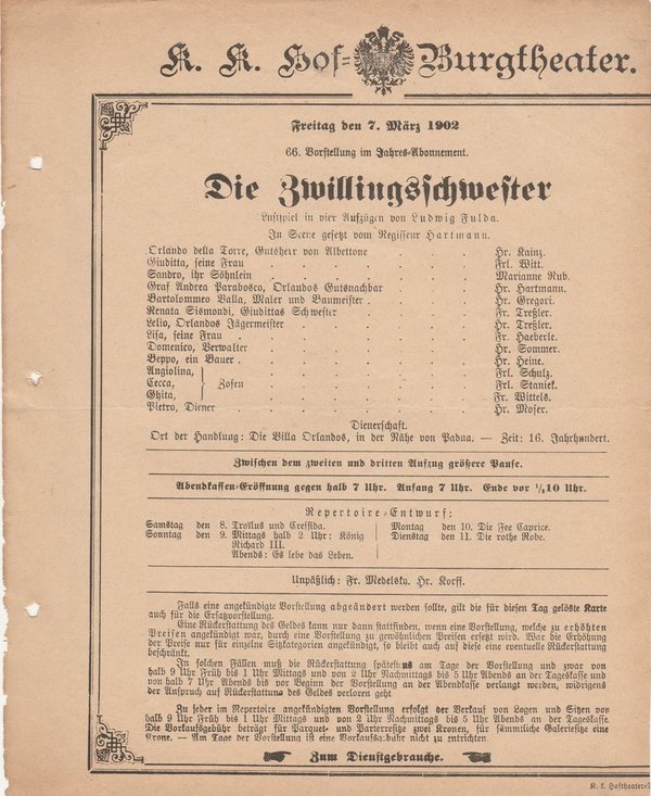 Theaterzettel Ludiwg Fulda DIE ZWILLINGSSCHWESTER Hof = Burgtheater Wien 1902