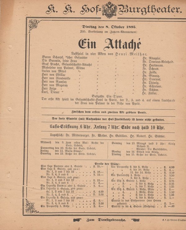 Theaterzettel Henri Meilhac EIN ATTACHE k. k. Hof = Burgtheater Wien 1895
