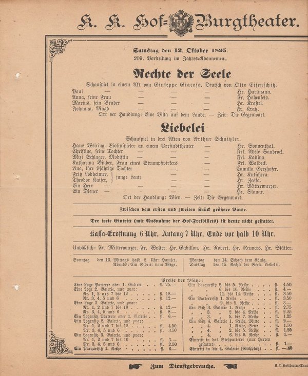 Theaterzettel RECHTE DER SEELE / LIEBELEI k. k. Hof = Burgtheater Wien 1895