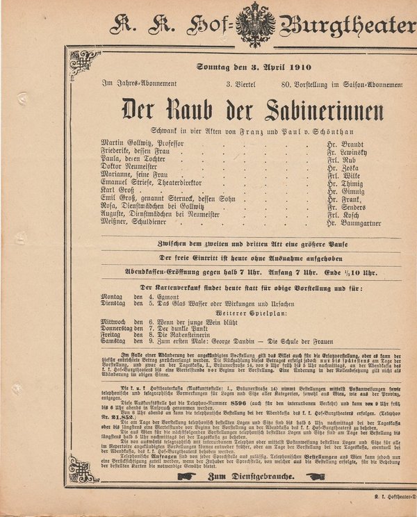 Theaterzettel von Schönthan DER RAUB DER SABINERINNEN Burgtheater 1910