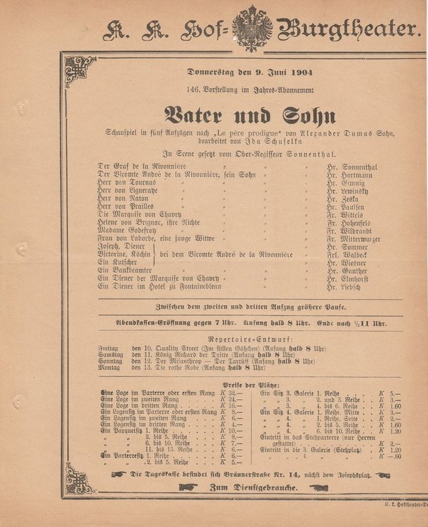 Theaterzettel Alexander Dumas VATER UND SOHN Hof = Burgtheater Wien 1904