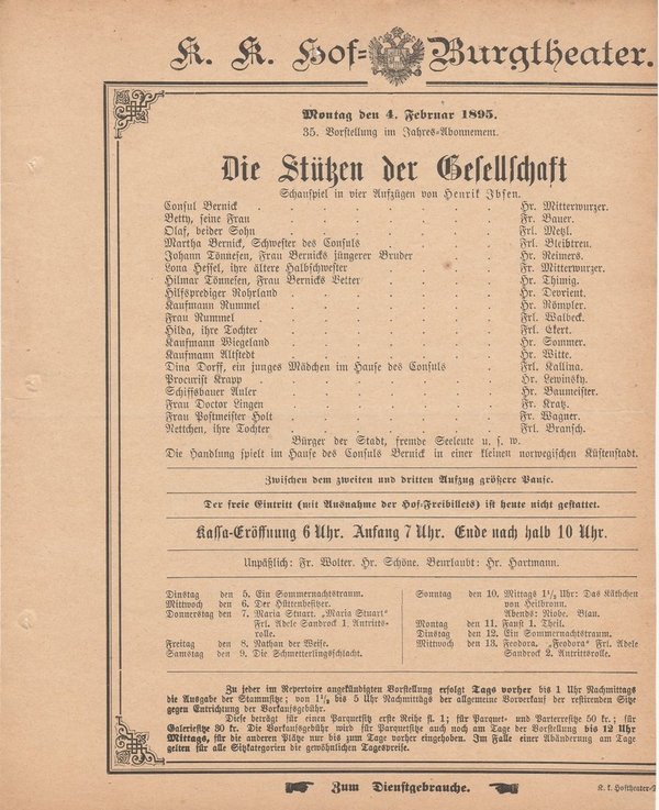 Theaterzettel Henrik Ibsen DIE STÜTZEN DER GESELLSCHAFT Burgtheater Wien 1895