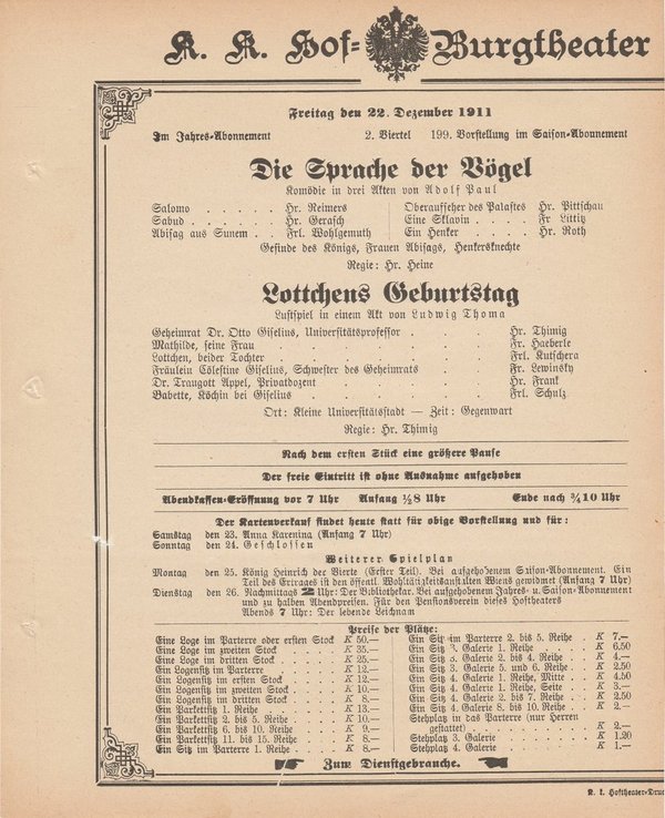 Theaterzettel DIE SPRACHE DER VÖGEL / LOTTCHENS GEBURTSTAG Wien 1911