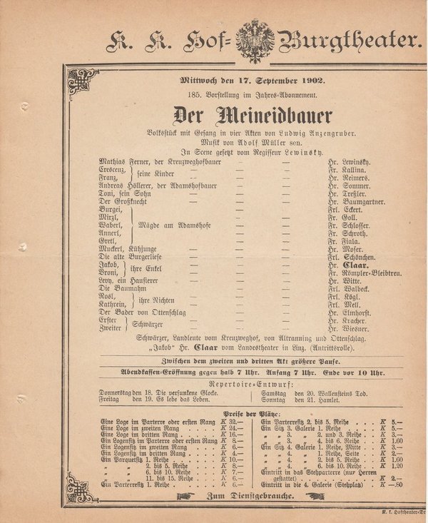 Theaterzettel Ludwig Anzengruber DER MEINEIDBAUER Hof = Burgtheater Wien 1902