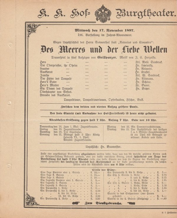 Theaterzettel Grillparzer DES MEERES UND DER LIEBE WELLEN Burgtheater Wien 1897