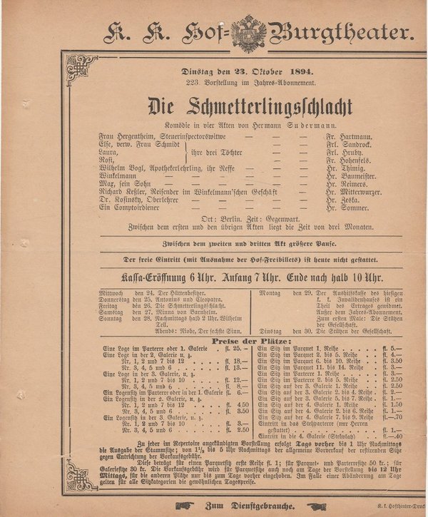 Theaterzettel Hermann Sudermann DIE SCHMETTERLINGSSCHLACHT Burgtheater Wien 1894