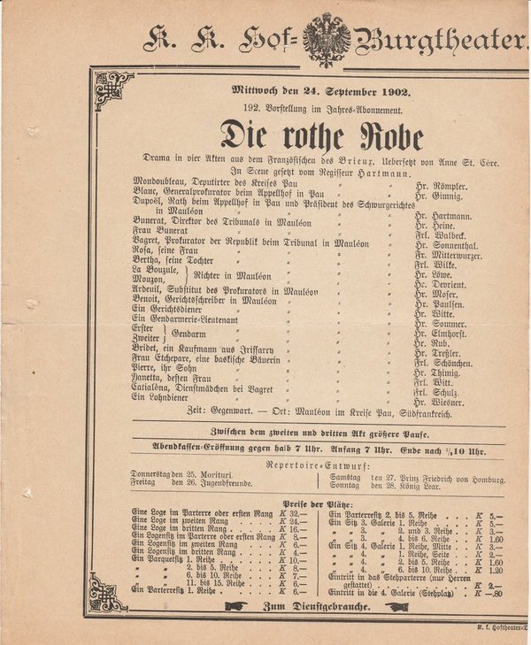 Theaterzettel Brieux DIE ROTHE ROBE Hof = Burgtheater Wien 1902