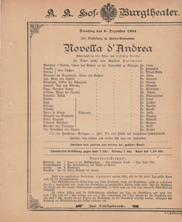 Theaterzettel Ludwig Fulda NOVELLA D'ANDREA Hof = Burgtheater Wien 1904