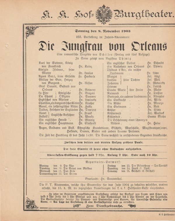 Theaterzettel Schiller DIE JUNGFRAU VON ORLEANS Hof = Burgtheater Wien 1903