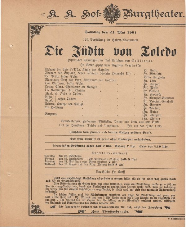 Theaterzettel Grillparzer DIE JÜDIN VON TOLEDO Hof = Burgtheater Wien 1904