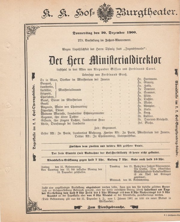 Theaterzettel Bisson / Carre DER HERR MINISTERIALDIREKTOR Burgtheater Wien 1900