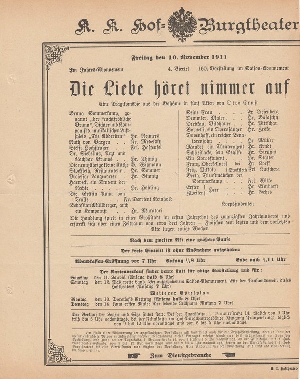 Theaterzettel Otto Ernst DIE LIEBE HÖRET NIMMER AUF Burgtheater Wien 1911