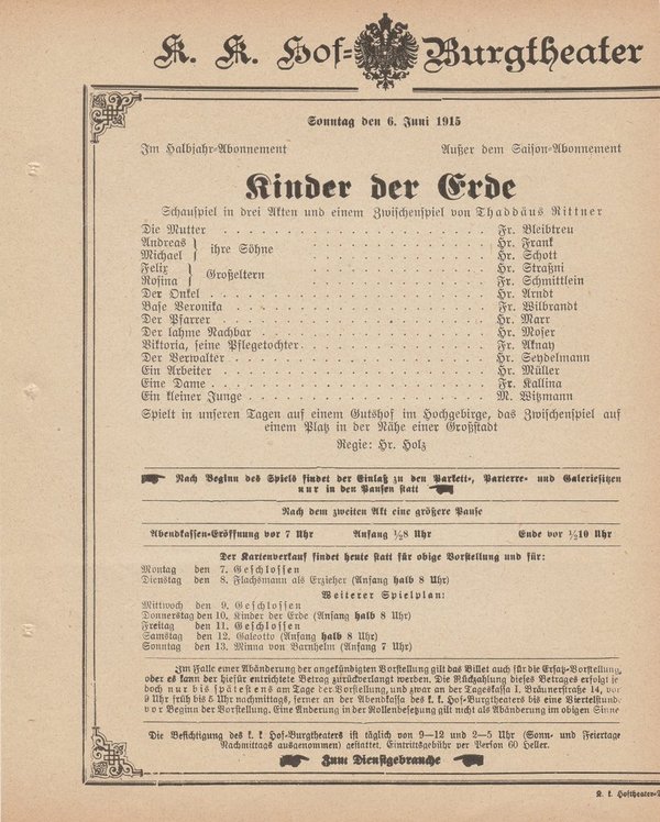 Theaterzettel Thaddäus Rittner KINDER DER ERDE Hof = Burgtheater Wien 1915