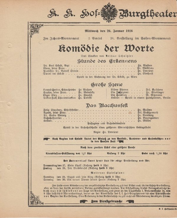 Theaterzettel Arthur Schnitzler KOMÖDIE DER WORTE Hof = Burgtheater Wien 1916