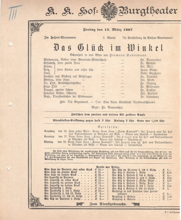 Theaterzettel Hermann Sudermann DAS GLÜCK IM WINKEL Burgtheater Wien 1907