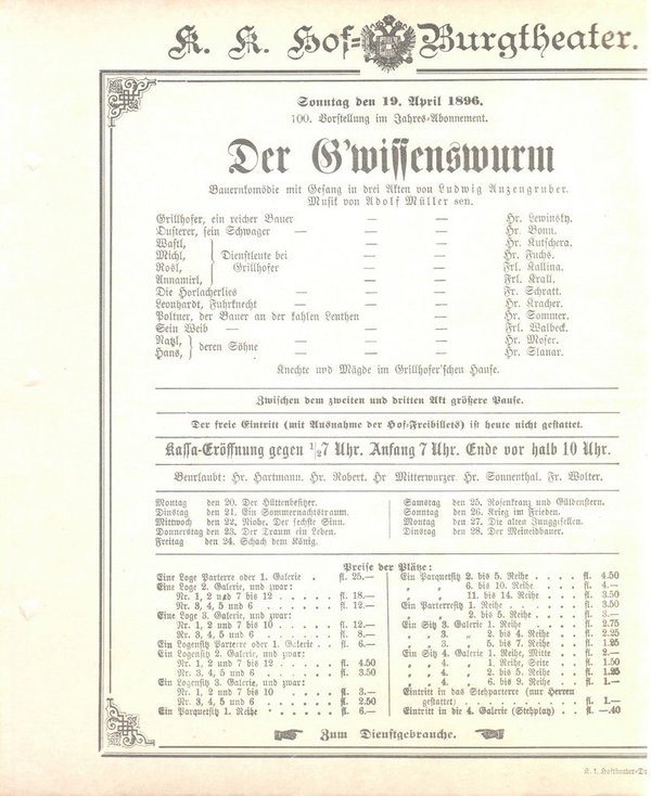 Theaterzettel Ludwig Anzengruber DER G'WISSENSWURM Hof = Burgtheater Wien 1896