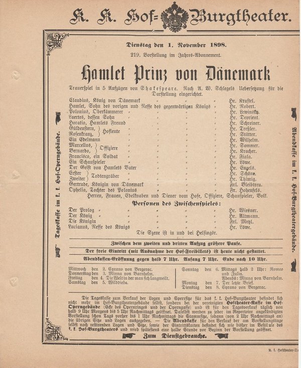 Theaterzettel Shakespeare HAMLET PRINZ VON DÄNEMARK Burgtheater Wien 1898