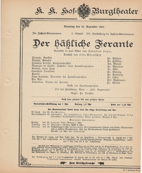 Theaterzettel Sabatino Lopez DER HÄßLICHE FERANTE Hof = Burgtheater Wien 1913