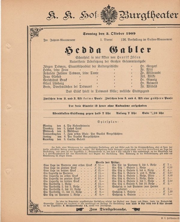 Theaterzettel Henrik Ibsen HEDDA GABLER Hof = Burgtheater Wien 1909