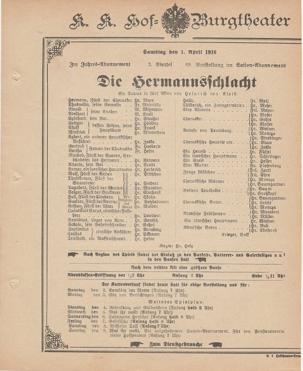 Theaterzettel Heinrich von Kleist DIE HERMANNSSCHLACHT Burgtheater Wien 1916