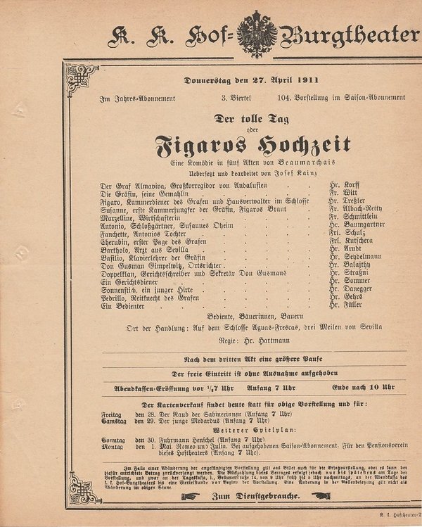 Theaterzettel Beaumarchais DER TOLLE TAG oder FIGAROS HOCHZEIT Burgtheater 1911