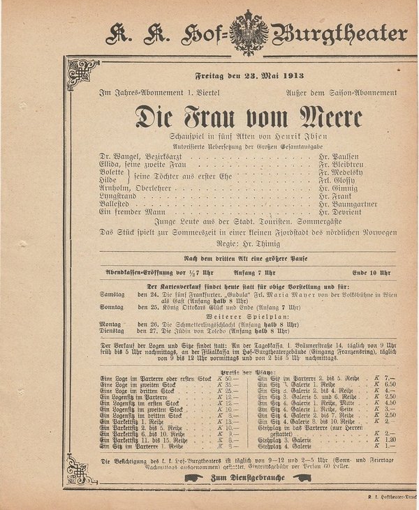 Theaterzettel Henrik Ibsen DIE FRAU VOM MEERE Hof = Burgtheater Wien 1913