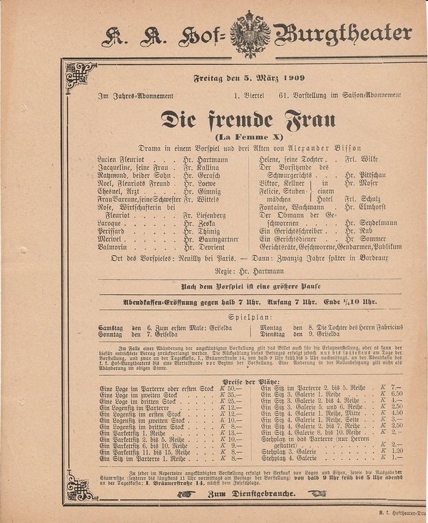 Theaterzettel Alexander Bisson DIE FREMDE FRAU Hof = Burgtheater Wien 1909