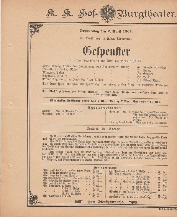 Theaterzettel Henrik Ibsen GESPENSTER Hof = Burgtheater Wien 1903