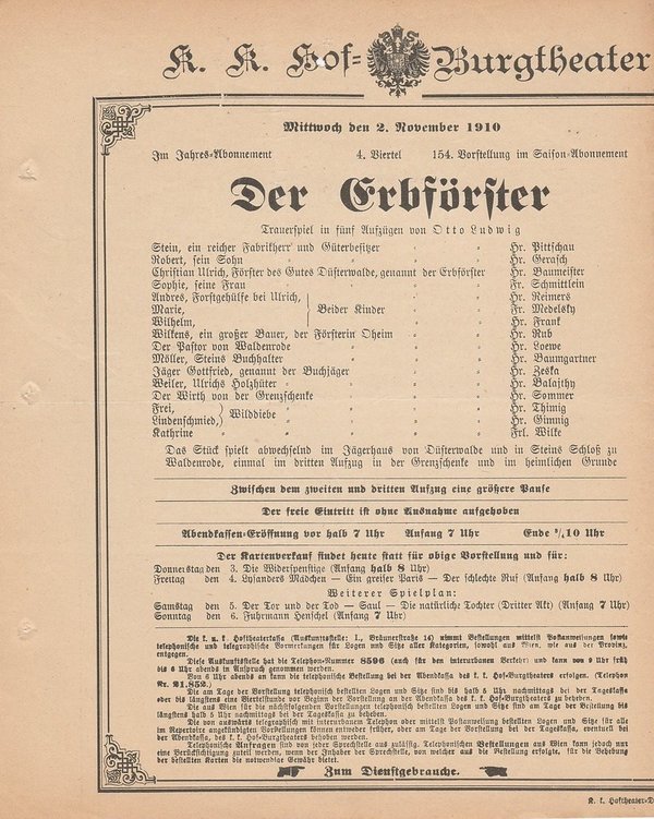 Theaterzettel Otto Ludwig DER ERBFÖRSTER Hof = Burgtheater Wien 1910