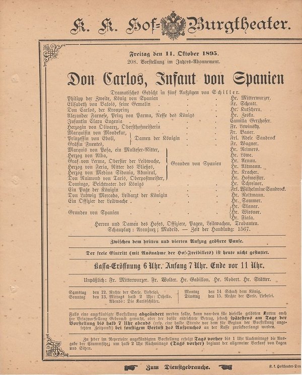 Theaterzettel Schiller DON CARLOS Hof = Burgtheater Wien 1895