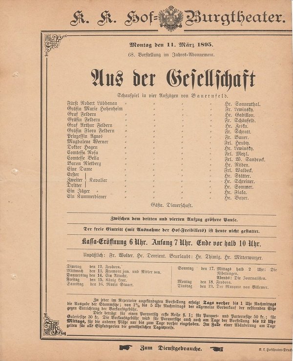 Theaterzettel von Bauernfeld AUS DER GESELLSCHAFT Hof = Burgtheater Wien 1895