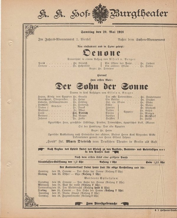 Theaterzettel von Berger OENONE / DER SOHN DER SONNE Hof = Burgtheater Wien 1916