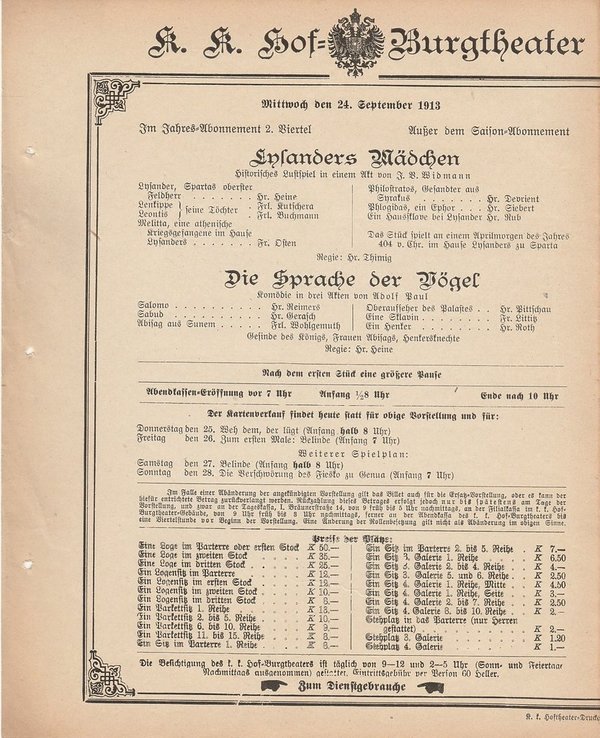 Theaterzettel Widmann / Paul LYSANDERS MÄDCHEN / DIE SPRACHE DER VÖGEL Wien 1913
