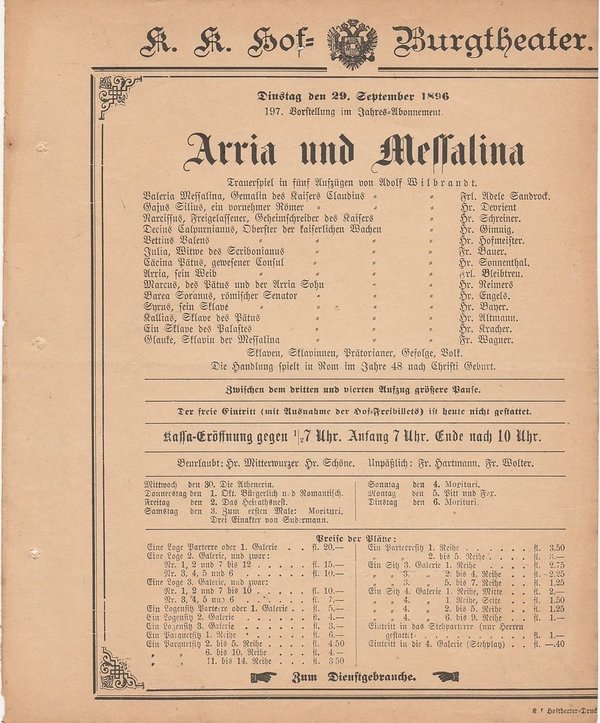 Theaterzettel Adolf Wilbrandt ARRIA UND MESSALINA Hof = Burgtheater Wien 1896
