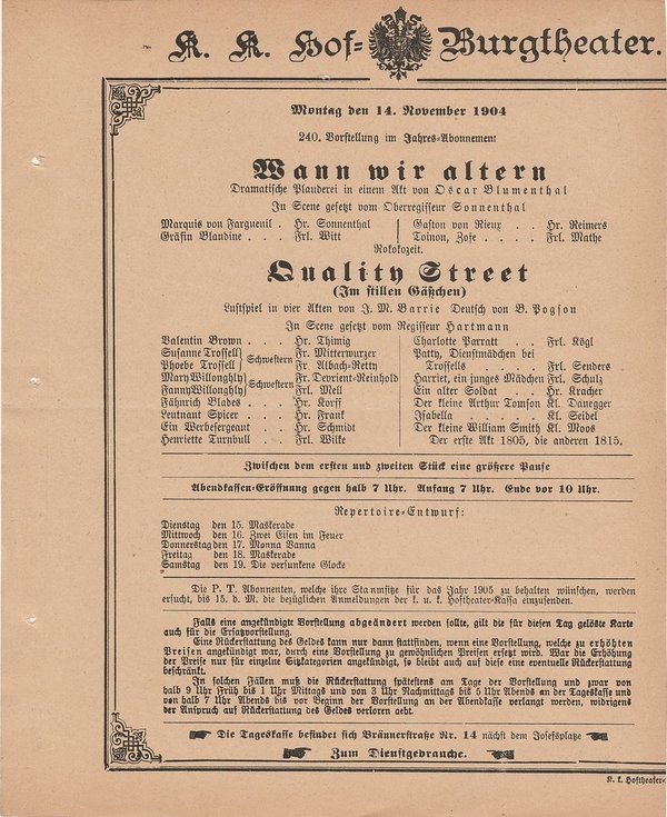 Theaterzettel Blumenthal / Barrie WANN WIR ALTERN / QUALITY STREET Wien 1904