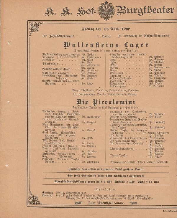 Theaterzettel Schiller WALLENSTEINS LAGER / DIE PICCOLOMINI Burgtheater 1908