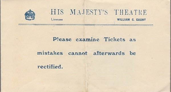 HIS MAJESTY´S THEATRE LONDON TICKET ENVELOPE 1928 mit Ticket