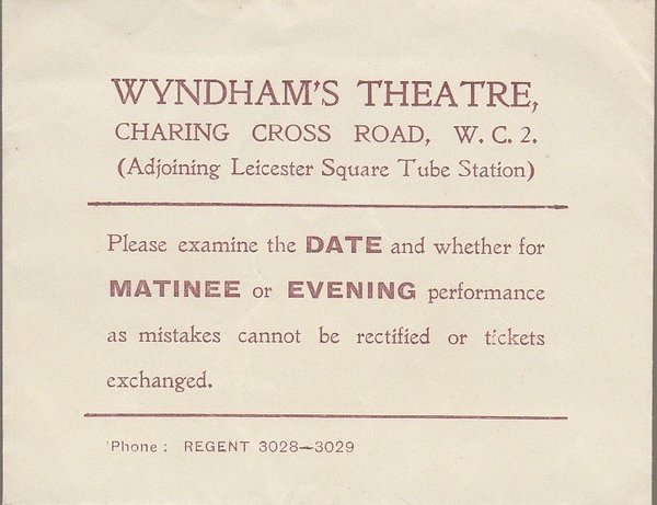 WYNDHAM´S THEATRE LONDON Theatre ticket envelope 1928 mit Ticket