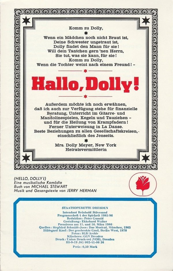 Programmheft Jerry Herman: Hallo, Dolly ! Staatsoperette Dresden 1986