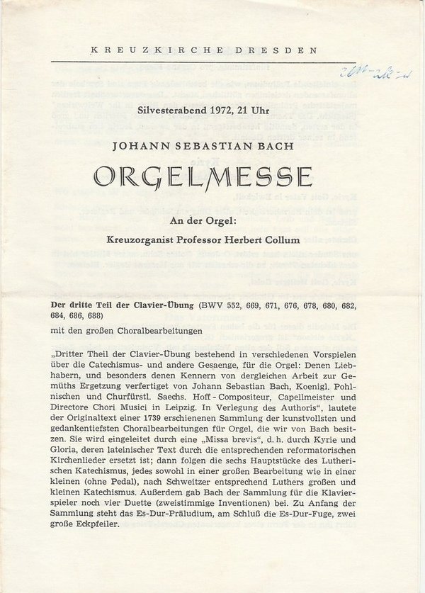 Programmheft Johann Sebastian Bach ORGELMESSE Kreuzkirche Dresden 1972