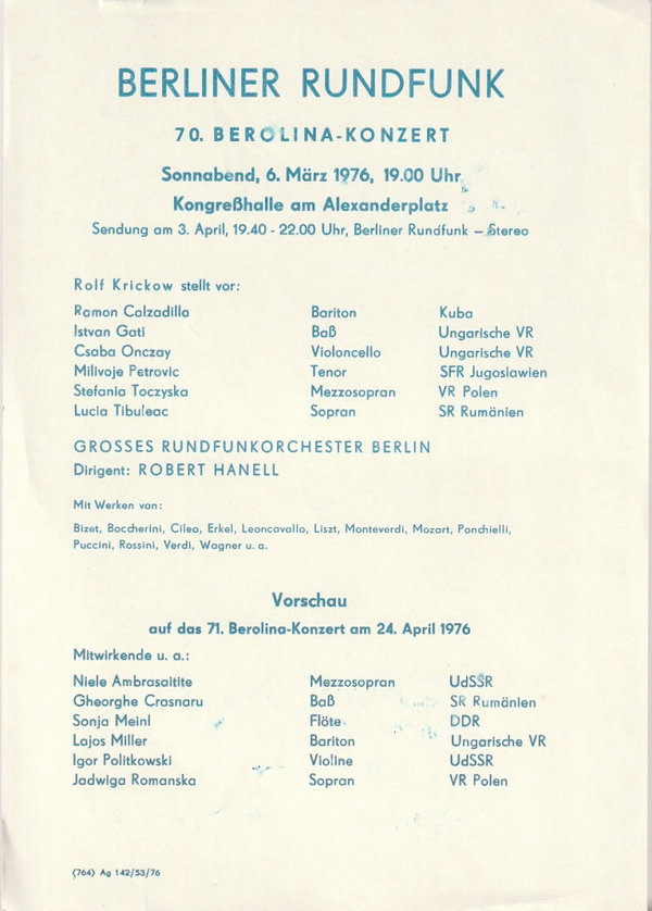 Theaterzettel BERLINER RUNDFUNK 70. BEROLINA-KONZERT 1976