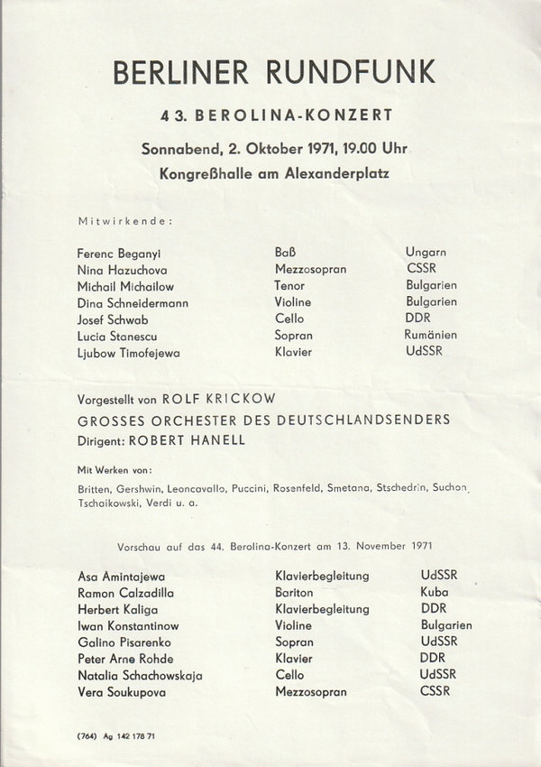 Theaterzettel BERLINER RUNDFUNK  43. BEROLINA-KONZERT 1971